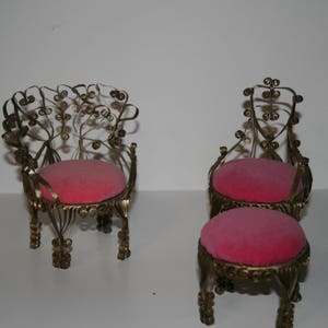 Vintage set of 2 chairs with ottoman pink and gold scrollwork miniature made from beer cans