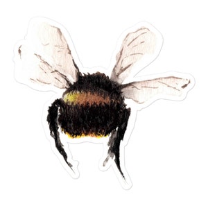 May include: A watercolor painting of a bumblebee with black and yellow stripes, brown wings, and a fuzzy body.