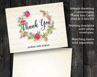 5.5x4.25 Thank You Cards - Romantic Wreath - Flowers - Floral - Berries - Garden - Hand Painted Watercolor - Pink Green Tan - Customizable