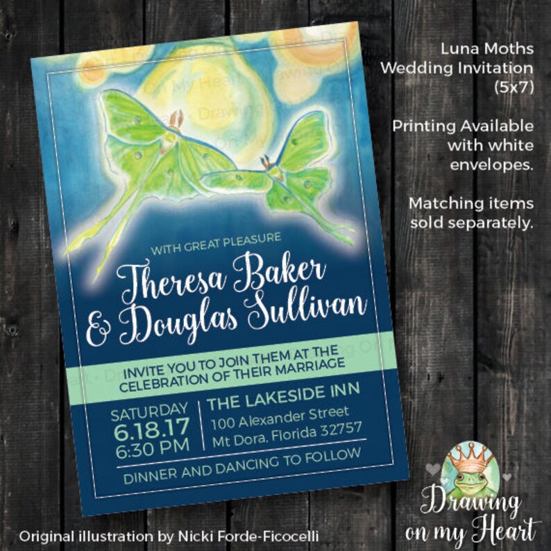 5x7 Wedding Invitation Luna Moths Cafe Lights Original Hand Painted Watercolor Evening Wedding Green and Blue Customizable image 1