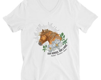 Wild Horse with Poppy Unisex Short Sleeve V-Neck T-Shirt - Save our mustangs