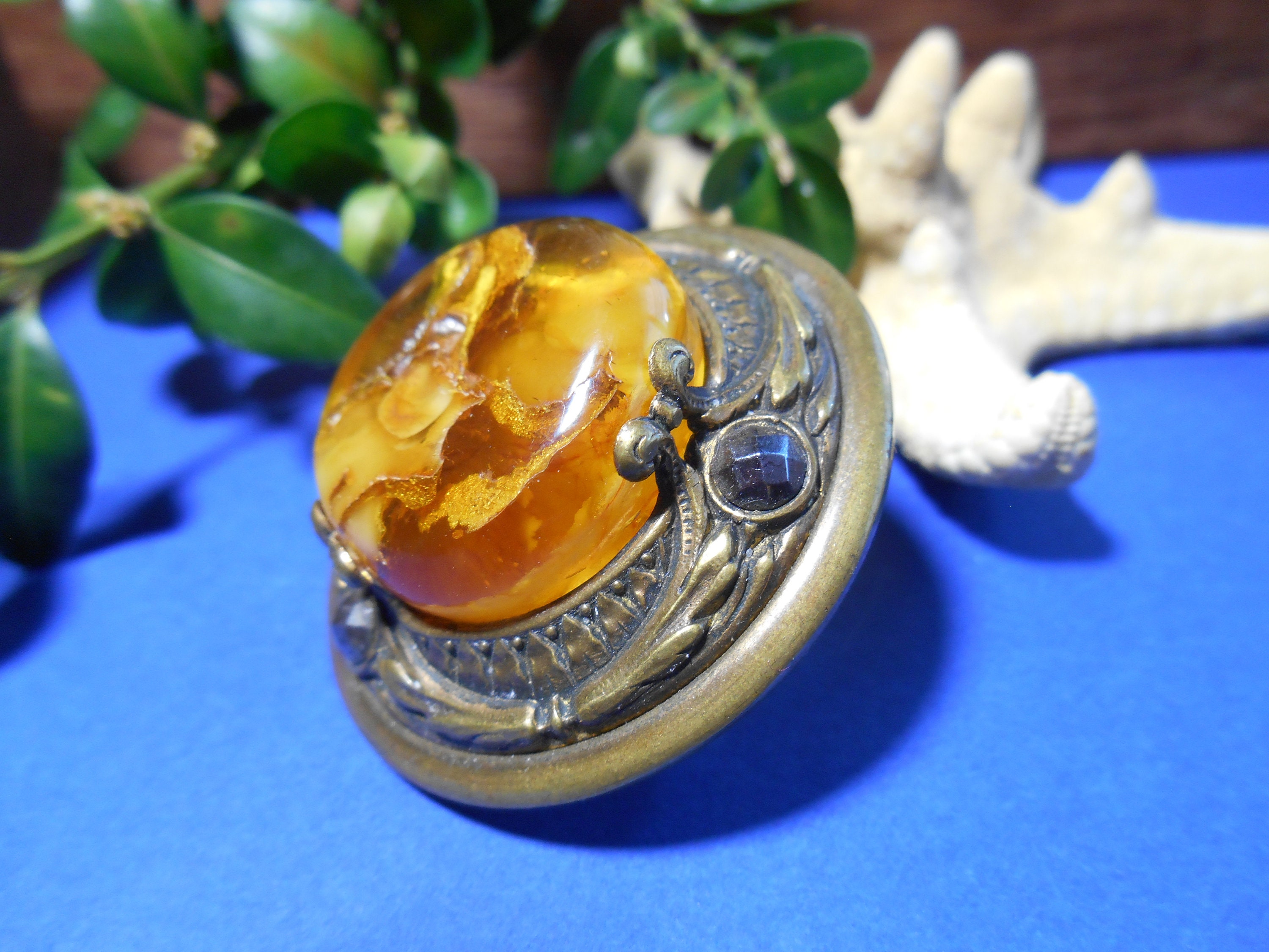Broche Vintage Argent Et Ambre, Bijou Ancien - Occasion