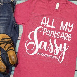 May include: A pink t-shirt with the text "All My Pants Are Sassy" in white cursive lettering. The text also includes the hashtag "#SASSYPANTS".