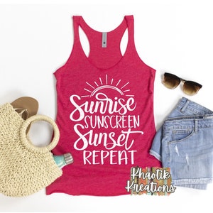 May include: A red tank top with the words "Sunrise Sunscreen Sunset Repeat" in white script. The image includes sunglasses, denim shorts, a straw bag, and sandals, suggesting a beach or vacation theme.
