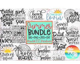 May include: A collection of 15 summer-themed SVG cut files. The designs include phrases like "Catchin' Waves", "Good Times & Tan Lines", "Summer Lovin'", "Beach Please", "Sun Kissed", "Sunrise Sunset Repeat", and "Hola Beaches".
