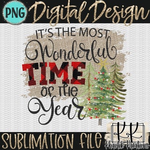May include: Digital design sublimation file featuring a Christmas tree with red baubles and the text "It's the most wonderful time of the year" in black and red on a hessian background.