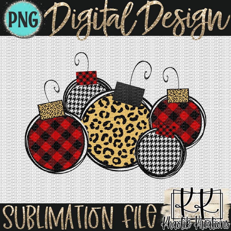 May include: Five Christmas ornaments in a cluster. The ornaments are decorated with red and black plaid, black and white houndstooth, and leopard print patterns.