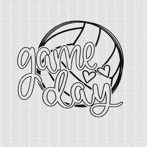 May include: Black and white illustration of a volleyball with the text "game day" and two small hearts.