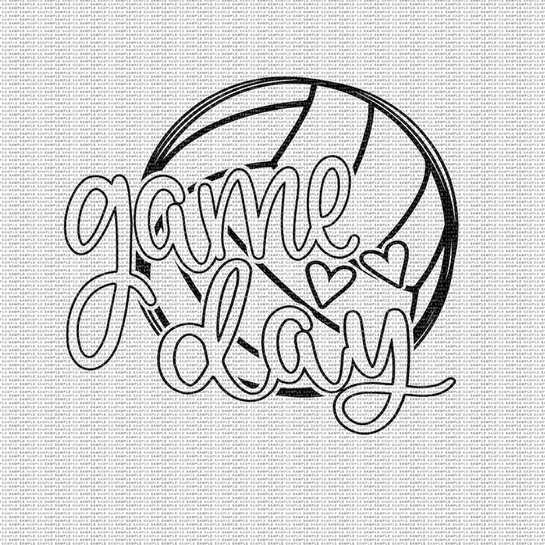 May include: Black and white illustration of a volleyball with the text "game day" and two small hearts.
