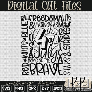 May include: Black and white digital cut file design with patriotic text. The design includes the words "Freedom & Fireworks", "4th of July", "Home of the Brave", and "Stars & Stripes". Includes file types SVG, PNG, EPS, DXF, and JPEG.
