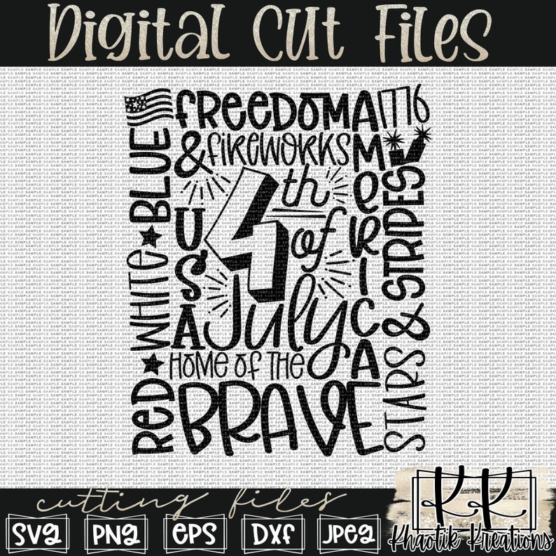May include: Black and white digital cut file design with patriotic text. The design includes the words "Freedom & Fireworks", "4th of July", "Home of the Brave", and "Stars & Stripes". Includes file types SVG, PNG, EPS, DXF, and JPEG.
