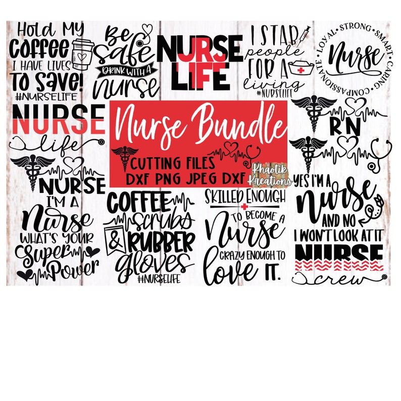 Puede incluir: Una colecci&oacute;n de 12 archivos de corte digital para proyectos de manualidades con varios dise&ntilde;os con tem&aacute;tica de enfermer&iacute;a. Los dise&ntilde;os incluyen frases como "Nurse Life", "I'm a Nurse", "Coffee Scrubs & Rubber Gloves", y "To Become a Nurse Crazy Enough to Love It".