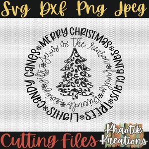 May include: Black and white digital design featuring a Christmas tree with a leopard print pattern. The text around the tree reads "Merry Christmas Santa Claus Family Friends! Trees Lights Candy Giving Gifts Jesus is the reason".