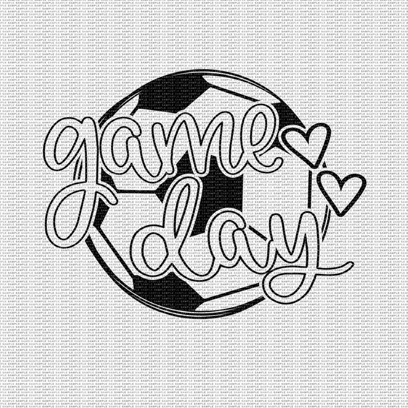 May include: Black and white graphic design of a soccer ball with the text "game day" and two hearts.