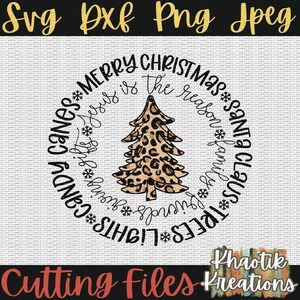 May include: A black and white Christmas design with a leopard print Christmas tree in the center. The text around the tree reads "Merry Christmas Santa Claus Trees Lights Candy Canes* Jesus is the reason for the season* Family Giving Gifts".