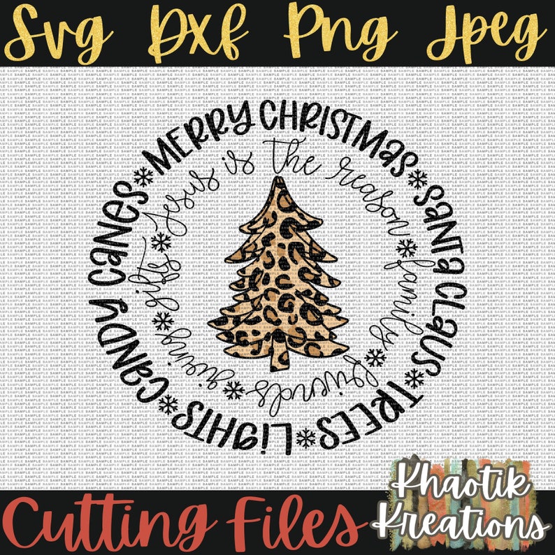 May include: A black and white Christmas design with a leopard print Christmas tree in the center. The text around the tree reads "Merry Christmas Santa Claus Trees Lights Candy Canes* Jesus is the reason for the season* Family Giving Gifts".