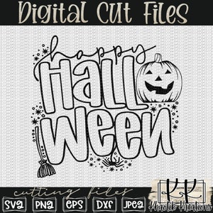 Puede incluir: Dise&ntilde;o de archivo de corte digital en blanco y negro del texto "Happy Halloween" con una calabaza, una escoba y una ara&ntilde;a. El texto est&aacute; en una fuente negrita y caprichosa.