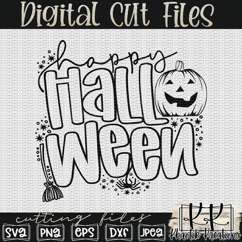 Puede incluir: Dise&ntilde;o de archivo de corte digital en blanco y negro del texto "Happy Halloween" con una calabaza, una escoba y una ara&ntilde;a. El texto est&aacute; en una fuente negrita y caprichosa.