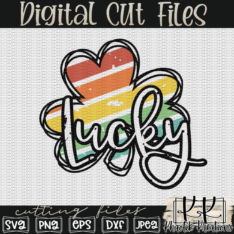 May include: A digital cut file of a four-leaf clover with a rainbow stripe pattern and the word "lucky" written in a stylized font.