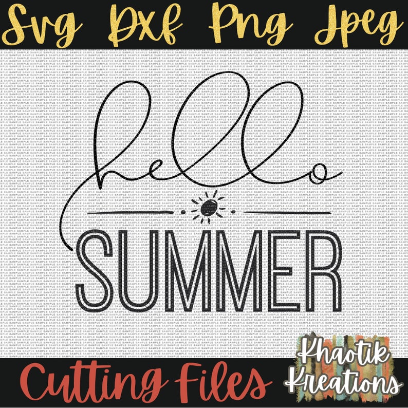 Pode incluir: Design digital preto e branco com o texto "hello summer" e um gr&aacute;fico de sol. O texto "summer" est&aacute; em negrito, letras em bloco. O design est&aacute; sobre um fundo branco com um padr&atilde;o cinza.