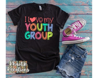 May include: Black t-shirt with the text "I love my YOUTH GROUP" in rainbow colors. The heart in the text is red.