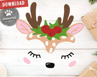 Reindeer Face SVG | Reindeer SVG | Baby Deer Face SVG | Doe Face Svg Christmas Svg Holiday Christmas Clipart Kids Shirt Commercial Use Dxf