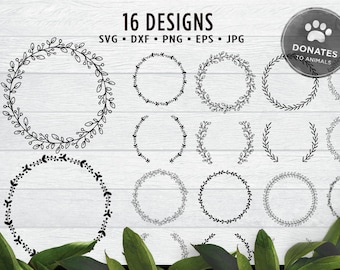 Laurel Wreath SVG Bundle Wreath Clipart Hand Drawn Wreath Clip Art Round Circle Monogram Frame Leaves SVG Bundle Wreath Cut File Bundle Png