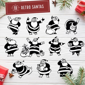 May include: Eleven black and white illustrations of Santa Claus in various poses. The illustrations are in a retro style and feature Santa Claus holding gifts, waving, and looking at the viewer.