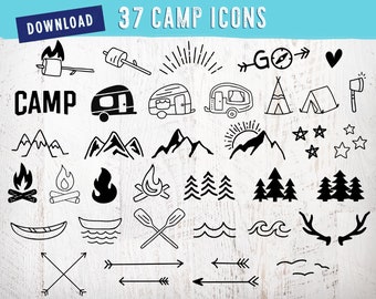 37 Icons • Camping SVG Bundle | Camp SVG Bundle Camper Svg Pack Set Camping Clipart Summer Svg Campfire Silhouette Mountains Trees RV Arrows