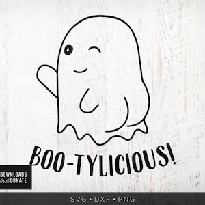 May include: A black and white line drawing of a ghost with a winking eye and the text "BOO-TYLICIOUS!"