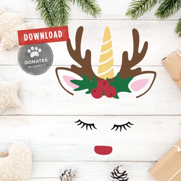 Christmas SVG | Reindeer SVG | Unicorn SVG | Christmas Shirt Svg Holiday Svg Clipart Rudolph Face Head Unicorn Svg Cut File for Circuit Dxf