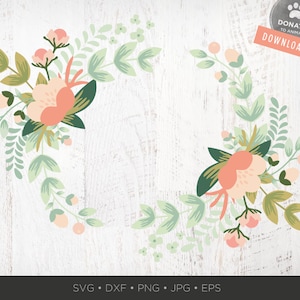 Mint Floral Wreath SVG | Floral Monogram Frame SVG | Round Laurel Wreath SVG Circle Hand Drawn Flower Wreath Clipart Bouquet Svg Png Cricut