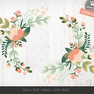 Pink Floral Wreath SVG | Floral Monogram Frame SVG | Round Laurel Wreath SVG Circle Hand Drawn Flower Wreath Clipart Bouquet Svg Png Cricut