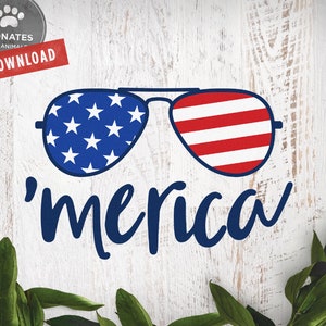 Merica SVG | 4th of July SVG | &#39;Merica Aviator Glasses SVG Funny 4th of July Cut File for Cricut American Flag Svg Cuttable Download Dxf Jpg