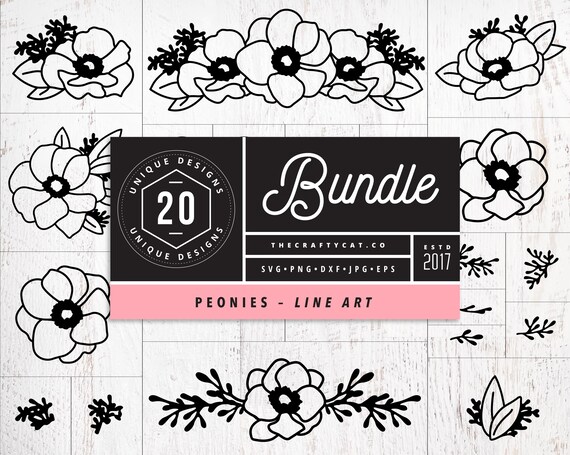 Peonies SVG Bundle | Flower Svg Bundle Set of Floral Svg Simple Flower Outlines Dxf Png Cut File for Cricut Download Flower Bundle