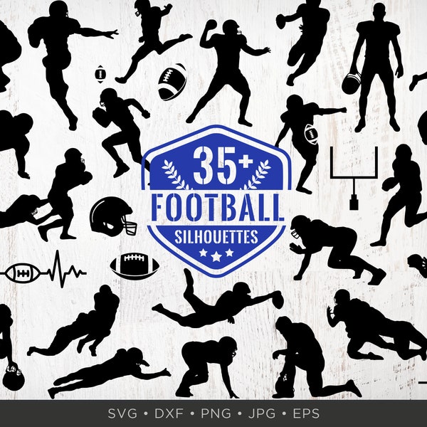 35 Football Silhouettes SVG Bundle  | Football Shapes SVG Cut Files | Helmet SVG Football Svg Tackle Kickoff Quarterback Football Png Dxf