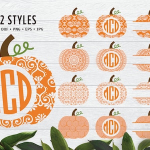 May include: Twelve different styles of pumpkin SVG cut files. Each pumpkin has a different pattern, including a mandala, geometric, and floral design. Some pumpkins have a monogram in the center, while others have a blank space for personalization. The text "12 STYLES" and "SVG DXF PNG EPS JPG" is at the top of the image.