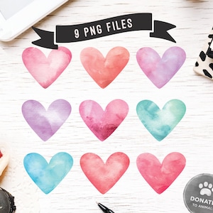 Aquarell Herz PNG Bundle | Aquarell Herz PNG Pack | Aquarell Herz PNG Set | Pink Aquarell Herzen Png Clip Art Clipart Lila Blau