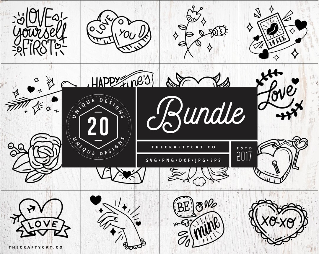 Valentine's Day SVG Bundle | Valentine Cut File Bundle Png Dxf | Hand ...