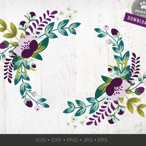 Purple Floral Wreath SVG | Floral Monogram Frame SVG Round Laurel Wreath SVG Circle Hand Drawn Flower Wreath Clipart Bouquet Svg Png Cricut