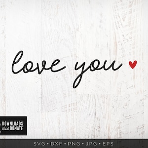May include: A white wood background with the text "love you" written in black cursive script. A small red heart is to the right of the text.