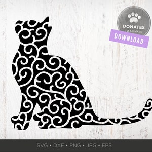May include: Black and white silhouette of a cat with a swirling pattern. The cat is sitting with its head tilted up. The image is on a white woodgrain background.