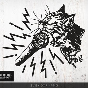 Hard Rock Cat SVG | Drôle de chat croquis Svg | Punk Rock Cat Singing Into Mic Svg Bad Cat SVG | Fichier de coupe de chat musical dessiné à la main pour Cricut