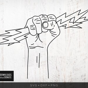 May include: A black and white line drawing of a fist holding a lightning bolt. The fist is clenched and the lightning bolt is jagged and pointed.