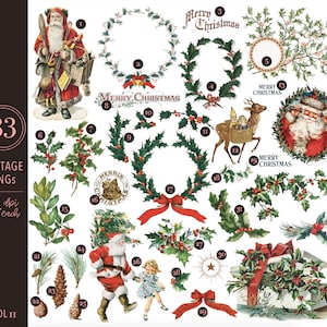 Vintage Christmas Clipart Bundle 2 / Retro Christmas PNG Bundle / Vintage Wreaths PNG Santa Clipart PNG Holly Old Antique Christmas Graphics