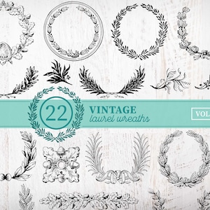 22 Vintage Laurel Wreath Clipart | Vintage Christmas Wreath Clipart | Laurel Wreath SVG Bundle Circle Monogram Frame Leaves Cut File Png
