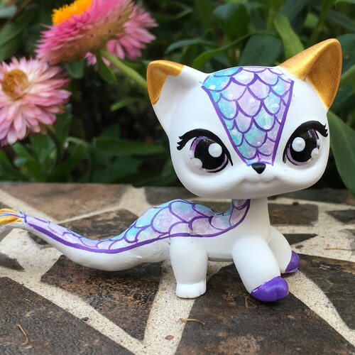 Littlest Pet Shop ooak custom assis yeux jaune doré à paillettes bleu chat marron - France