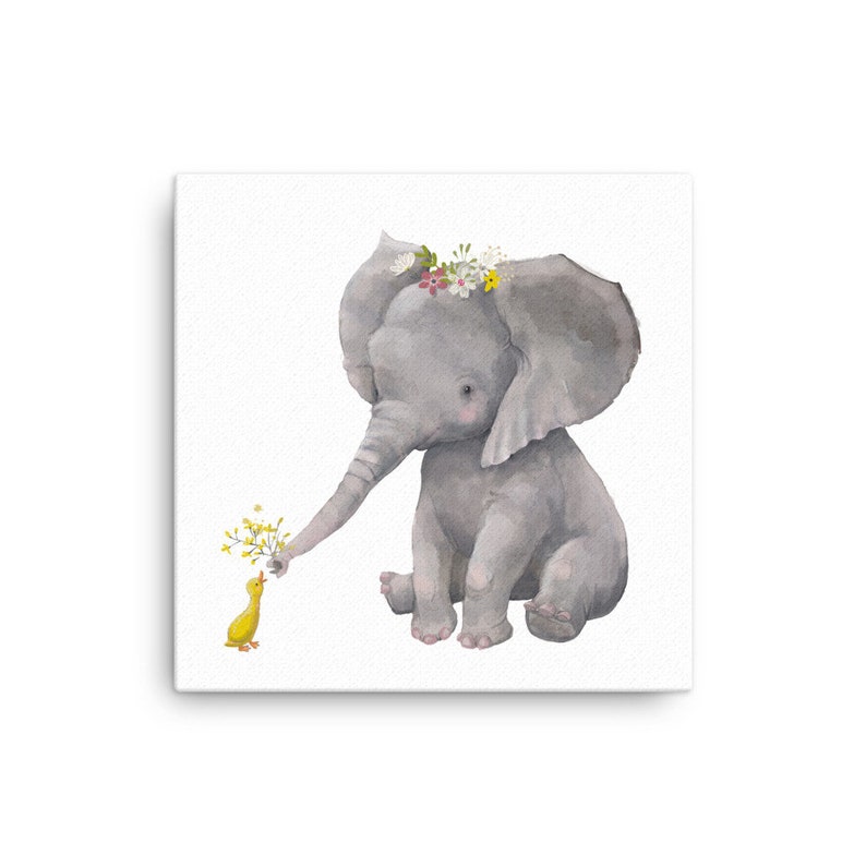 Cute Baby Elephant With Duckling Watercolor Wall Art Canvas Etsy