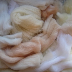 Wool off cuts. CREAMS. 100g BAG. waste wool tops. 100% Merino/British breeds. Wet/needle. SPINNING. Roving