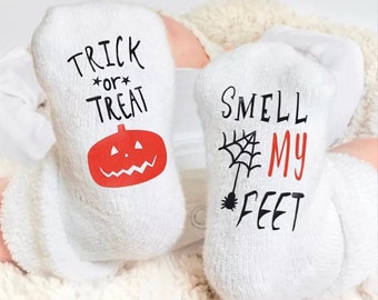 Trick or Treat Smell My Feet, Halloween Socks for Baby, Toddlers, Kids and Adults, gifts for baby, matching Halloween socks for family